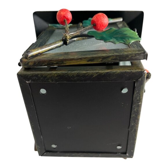 Vintage Holiday Lantern with Holly & Berry Accents – Metal & Frosted Glass - Picture 6 of 6